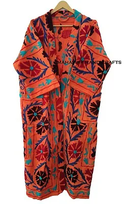 Buy Suzani Print 100% Cotton Winter Wear Orange Full-length Gypsy Kimono Boho Jacket • 79.33£