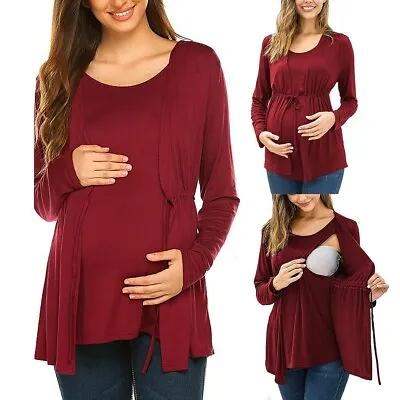 Buy Women Maternity Long Sleeve Double Layer Nursing Tops T-shirt For Breastfeeding • 17.84£