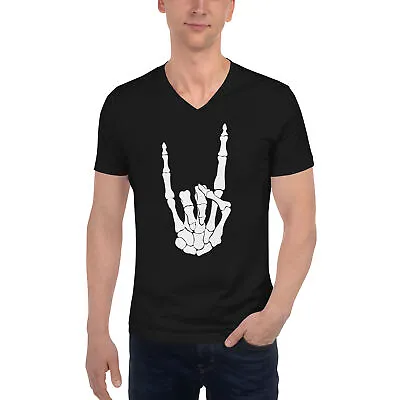 Buy White Devil Bone Hand Heavy Metal Horns Up Unisex Short Sleeve V-Neck T-Shirt • 27.67£