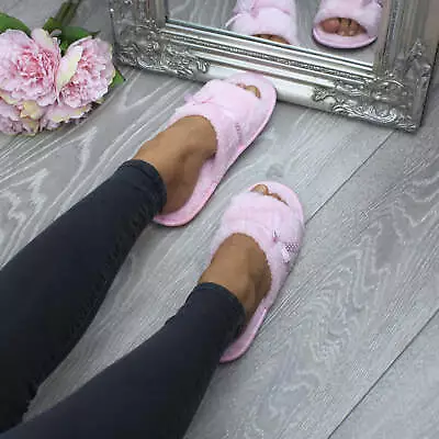 Buy Womens Ladies Bow Lounge Spa Peep Toe Indoor Mules Summer Slippers Sandals Size • 6.99£