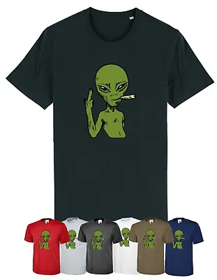 Buy WEED ALIEN Cannabis T-Shirt E.T. Smoking Joint UFO Green Man Middle Finger 420 • 9.99£