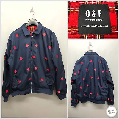 Buy OLIVE & FRANK Women's Navy Heart Print Bomber Jacket Large Tartan Lined • 18.95£