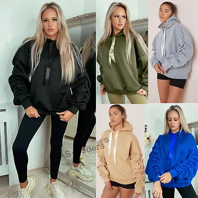 Buy Womens Ruched Sleeve Oversized Hooded With Ribbon Ladies Sweatshirt Jumper Top • 16.99£