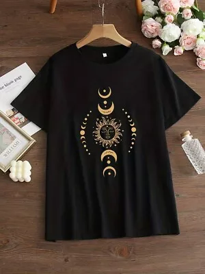 Buy Sun Moon Motif T-shirt Top Black Plus Size 30/32 Stretch Fabric Short Sleeves • 12.99£