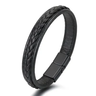 Buy Mens Leather Braided Bracelet Wristband Stainless Steel Clasp Jewellery Gifts AA • 2.92£