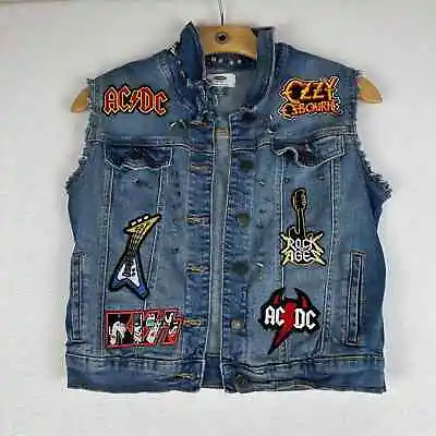 Buy DIY Old Navy Rock Spikes Blue Jean Jacket Vest Youth Girl XL 14 Ozzy AC/DC Patch • 16.73£