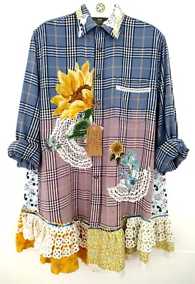 Buy Upcycled Bleached Flannel Shirt OOAK A-Line Tunic Blue Purple Yellow XL Ruffle • 91.68£