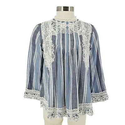 Buy Sundance Shirt Blue Striped 3/4 Sleeve Lace Mock Boho Peasant Top Womens Small • 19.84£