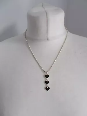 Buy Costume Jewellery Statement Necklace Silver Tone 3 Black Beaded Heart Pendant • 7.85£