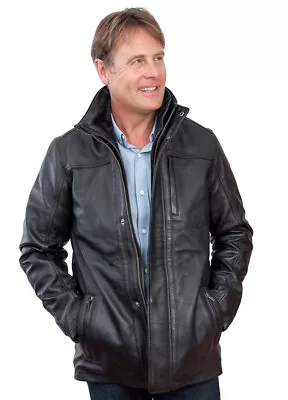 Buy Men's Mid Length Classic Warm Black Leather Jacket Coat • 125.99£
