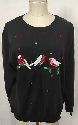 Buy Paramour Black Sequin Robins Festive Long Sleeve Christmas Jumper Size 2XL • 9.99£