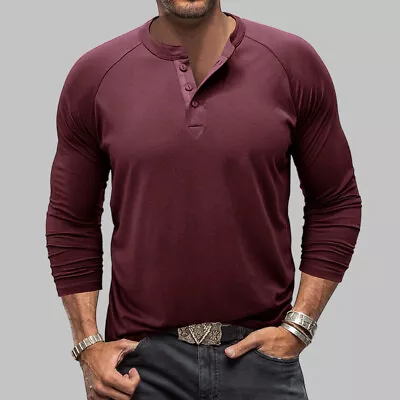 Buy Mens Henley Buttons V Neck T-Shirt Long Sleeve Golf Work Tops Shirts Blouse Size • 10.49£