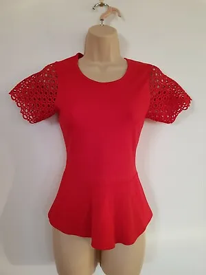 Buy KAREN MILLEN Red PEPLUM WAIST T-Shirt UK 6 Lace Detail Short Sleeve STRETCH Top • 17.99£