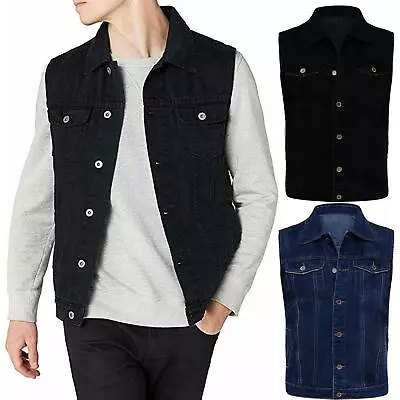 Buy Men’s Retro Cotton Denim Jacket Classic Trucker Jeans Western Style Waistcoat • 23.95£