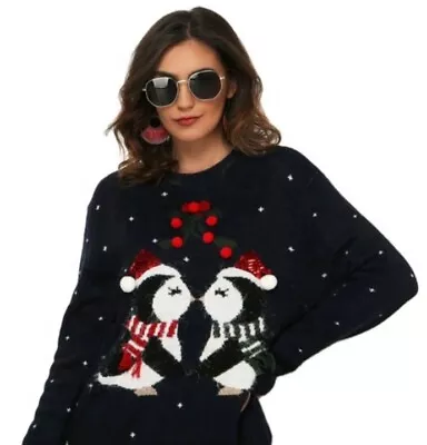 Buy Ladies/Teen Navy Blue Kissing Penguins Christmas Jumper Size 4-6 Primark • 5.50£