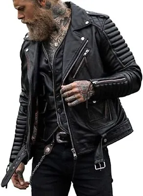 Buy Men's Vintage Black Slim Fit Quilted Style Fashion Biker Real Leather Jacket • 24£