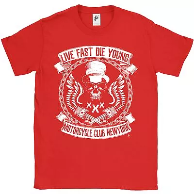 Buy Live Fast Die Young Motorcycle Club Fang Skull Top Hat Mens T-Shirt • 7.99£