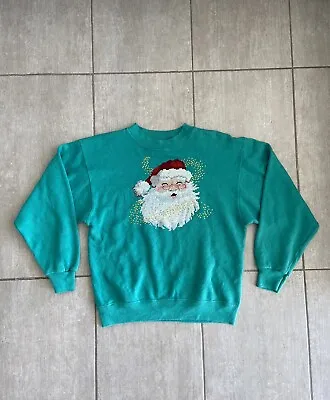 Buy Christmas Crew Neck Sweater Jumper Pullover Size Small Embroidered Santa Vintage • 18.73£
