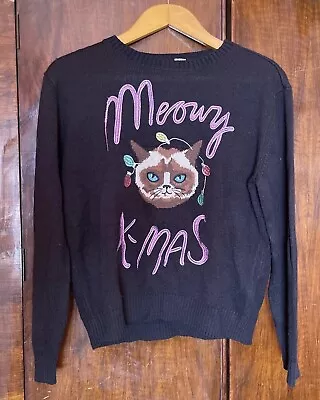 Buy Cute!! H&M Meowy Xmas Cat W/ Christmas 🎄 Lights Sweater Black Crewneck Sz M ❤️ • 12.28£