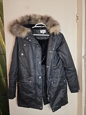 Buy Next Black Parka Jacket Coat Size 8 Black Faux Fur Hood • 24.49£