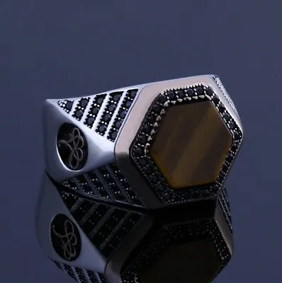 Buy Hexagon Promise Ring Brown Natural Stone Stylish Ring Anniversary Gift Jewelry • 154.40£