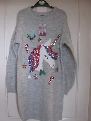 Buy Girls Tu Christmas Unicorn Grey Jumper/sweater Dress 12 Yrs New Bnwt • 15.50£