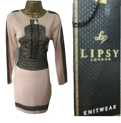 Buy Lipsy Bodycon Jumper Dress 12 Long Sleeve Nude Black Lace  Fine Knitted Party • 33£