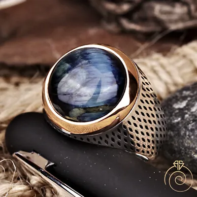 Buy Natural Blue Tiger Eye Mens Promise Statement Ring Anniversary Gift Cool Jewelry • 104.28£