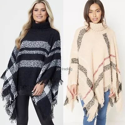 Buy LADIES OVERSIZED CHECK PONCHO Sweater Jumper Wrap Cape Shawl ONE SIZE • 12.89£