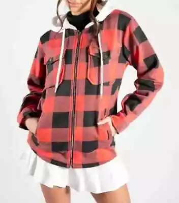 Buy Women Shacket Jacket Check Hood Red Black • 25£