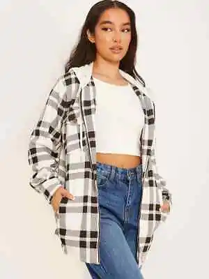 Buy Ladies Check Oversized Hooded Fleece Jacket Shacket Casual Winter Size 8-28 • 18.99£