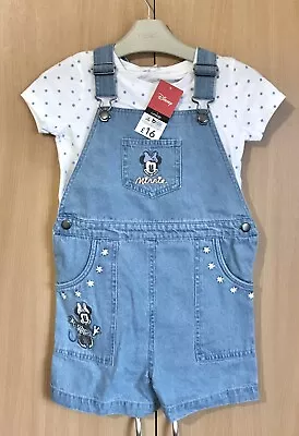 Buy NEW Disney Minnie Mouse Denim Short Dungarees And T-Shirt Set Age 5-6 Years • 10£