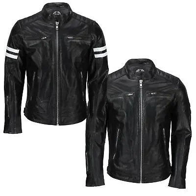 Buy Mens Real Leather Black White Stripes Racing Biker Jacket Classic Motorcycle • 69.99£
