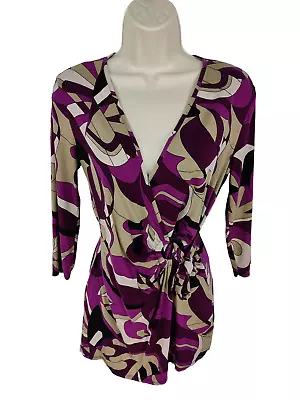 Buy Womens Marks & Spencer Petite Uk 10 Purple Abstract 3/4 Sleeve Wrap T Shirt Top • 14.99£