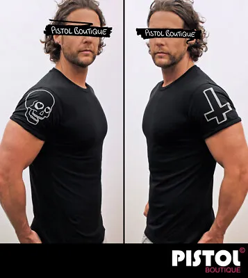 Buy Pistol Boutique Men's Fitted Black Crew Rolled Sleeve DOODLE SKULL CROSS T-shirt • 22.49£