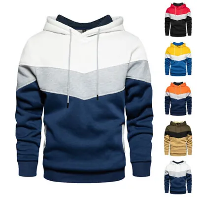Buy Mens Colourblock Pullover Hooded Hoodie Long Sleeve Sweatshirt Casual Jumper Top • 21.59£