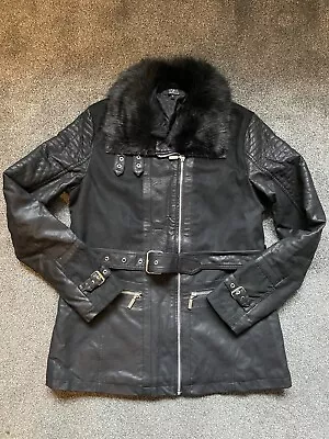 Buy Julien Macdonald Star Womens Black Faux Leather Fur Trim Biker Jacket Coat Uk 14 • 12.50£