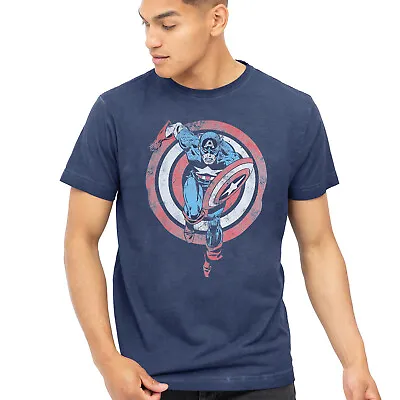 Buy Official Marvel Mens Shield Charge Captain America T-shirt Vintage Navy S-XXL • 13.99£