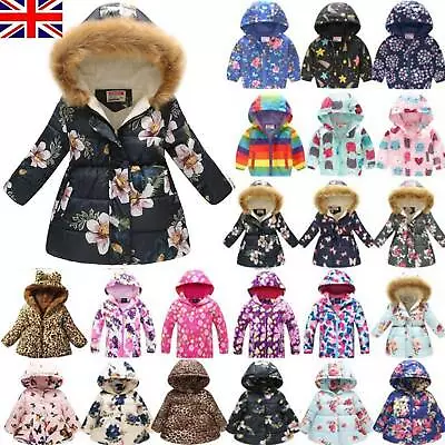 Buy Kids Girls Winter Warm Coat Hooded Jacket Padded Floral Down Outwear Overcoat UK • 6.59£