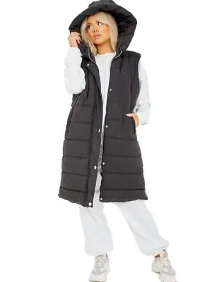 Buy Ladies Hooded Quilted Long Puffer Gilet Jacket Padded Body Warmer Pockets Zips • 32.99£