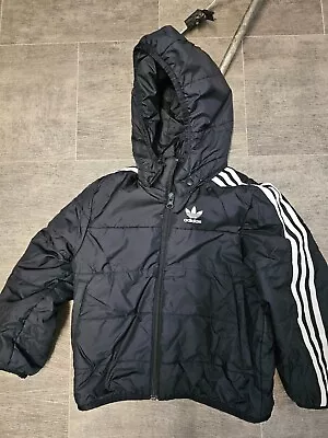 Buy Adidas Black Zip Hooded Puffer Coat Age 4-5 • 14.99£