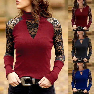 Buy Womens Sexy Gothic Lace Tops Ladies Punk Long Sleeve Slim Fit T Shirt Blouse 14 • 2.69£