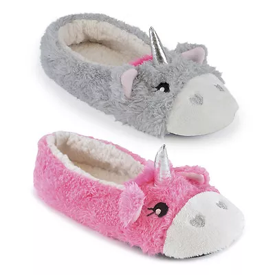 Buy Ladies Novelty Unicorn Coral Fleece,Jersey Ballet Slippers With 3D Horn Tootsies • 7.99£