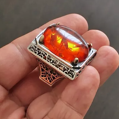 Buy Big Silver Mens Ring Fire Amber Turkish Artisan Jewelry Statement 925 Sterling • 149.98£