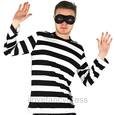 Buy Adult Burglar Costume Robber Fancy Dress Short Sleeve Stripe Top And Eyemask • 8.99£