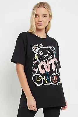 Buy Womens Ladies Oversized Baggy Fit Short Sleeve TEDDY CUTE Slogan T-shirt Tee TOP • 8.99£