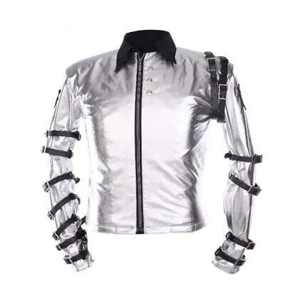Buy Michael Jackson King Of Pop Bad Concert MJ Belted Biker Silver Satin Jacket • 94.05£