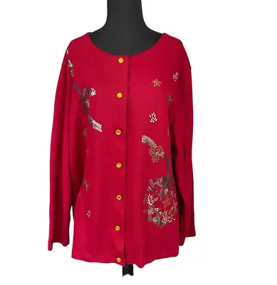 Buy Onque Womens 2X Red Embellished Bows And Holly Christmas Cardigan Sweater • 22.19£