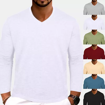 Buy Mens Long Sleeve Solid Shirts Tops Grandad Basic Slim Fit T-shirt Blouse Size • 10.89£