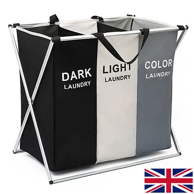 Buy Laundry Basket Hamper Clothes Bin Organiser Folding Light Dark Colour 3 Section • 12.49£